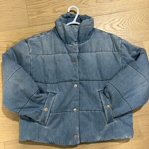 AE Denim Cropped Bomber Puffer Jacket